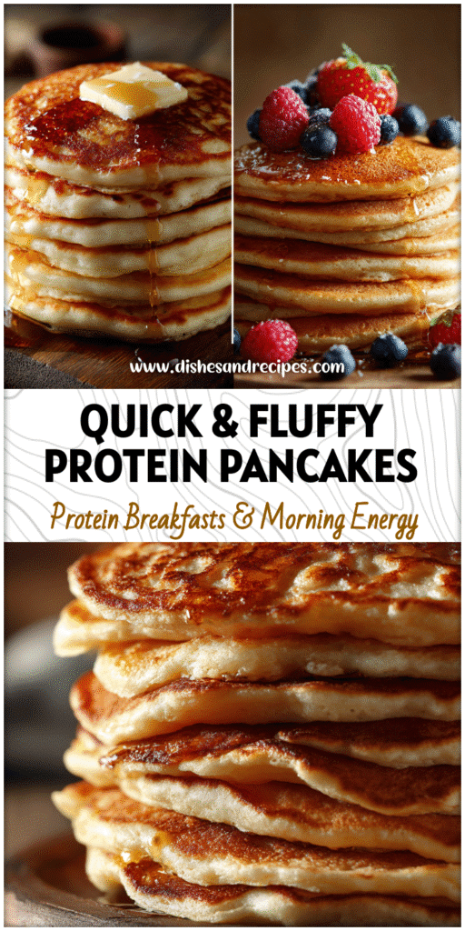 Stack of fluffy protein pancakes with milk and vanilla, showing how to make high protein pancakes without eggs.